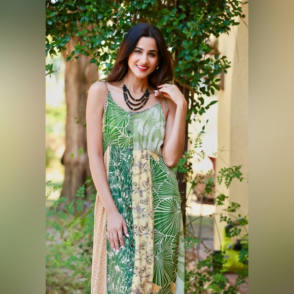 Fair trade botanical floral patchwork Green Yellow Vegan A Line Maxi Boho Dress - Picture 5 of 7